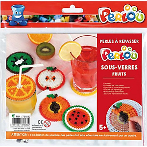 PERLOU Kit d activité 1500 perles à repasser assorties, 1 plaque, 5 modèles dessous de verre Fruit PERLOU Kit d activité 1500 perles à repasser assorties, 1 plaque, 5 modèles dessous de verre Fruit