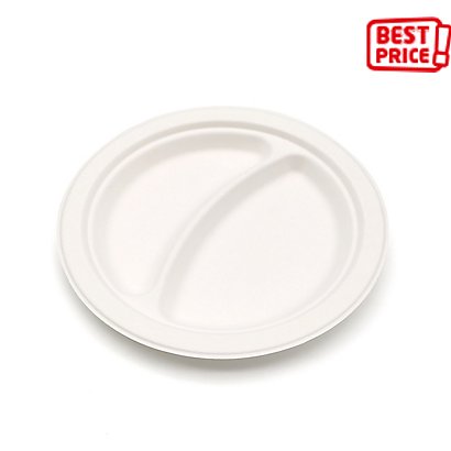 Piatto monouso a 2 scomparti in polpa di cellulosa, Ø 22,5 cm, 15 g, Bianco (confezione 500 pezzi) - 1