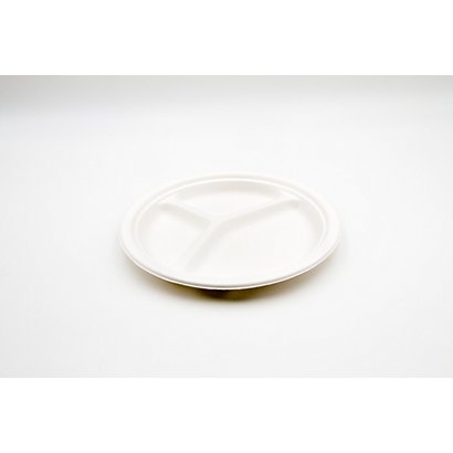 Piatto rotondo monouso a 3 scomparti in polpa di cellulosa, Ecologico, Ø 23 cm, 15 g, Bianco (confezione 50 pezzi)