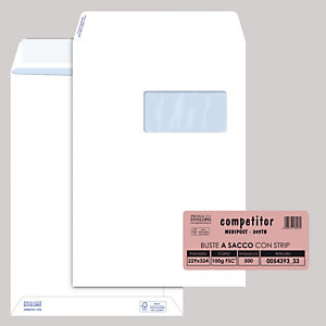 PIGNA Busta sacco COMPETITOR FSC  - bianca - strip adesivo - con finestra - 230 x 330 mm - 100 gr  - conf. 500 pezzi