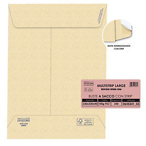 PIGNA Busta sacco MULTI STRIP LARGE - avana - carta riciclata FSC  - soffietti laterali - strip adesivo - 230 x 330 x 40 mm - 100 gr  - conf. 250 pezzi