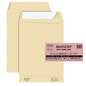 PIGNA Busta a sacco Multi Strip - strip adesivo - 23 x 33 cm - 100 gr - carta riciclata FSC  - avana  - conf. 500 pezzi