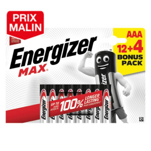 Piles Alcalines Energizer Max LR03 AAA, lot de 12 + 4