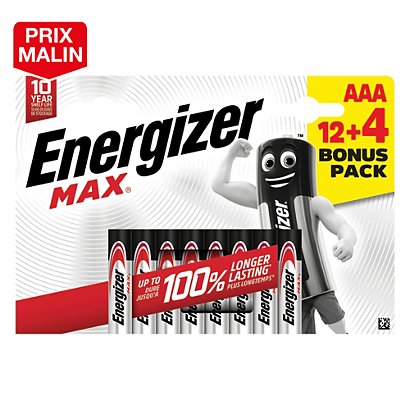 Piles Alcalines Energizer Max LR03 AAA, lot de 12 + 4 - 1