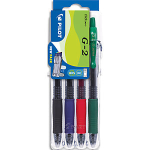 PILOT Chevalet évolutif de 4 stylos encre gel G-2. Pointe moyenne. Noir, Bleu, Rouge, Vert
