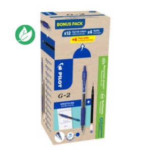 Pilot Eco Pack G2-07, stylo encre gel rétractable, pointe moyenne 0,7 mm, corps bleu transparent avec zone de préhension, encre bleue, 12 stylos + 12 recharges dont 6 offertes Pilot Eco Pack G2-07, stylo encre gel rétractable, pointe moyenne 0,7 mm, corps bleu transparent avec zone de préhension, encre bleue, 12 stylos + 12 recharges dont 6 offertes