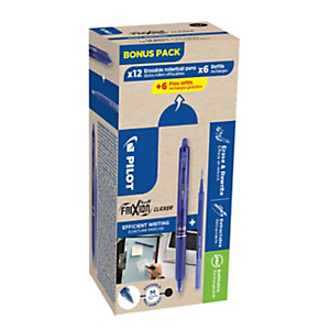 Pilot FriXion Clicker Stylo roller rétractable encre gel effaçable pointe moyenne 0,7 mm - Bleu - Pack de 12 stylos + 12 recharges