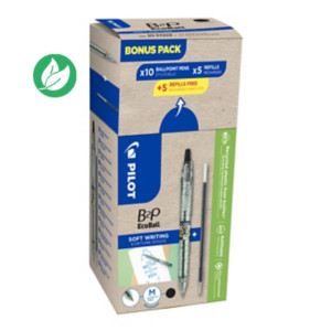 Pilot Greenpack B2P Ecoball - Stylo bille rétractable pointe large 1mm Noir - lot 10 stylos + 10 recharges dont 5 offertes Pilot Greenpack B2P Ecoball - Stylo bille rétractable pointe large 1mm Noir - lot 10 stylos + 10 recharges dont 5 offertes