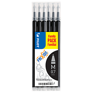 Pilot Recharge pour stylo roller encre gel effaçable FriXion Ball et FriXion Clicker pointe moyenne 0,7 mm noir - Pochette de 6 Pilot Recharge pour stylo roller encre gel effaçable FriXion Ball et FriXion Clicker pointe moyenne 0,7 mm noir - Pochette de 6