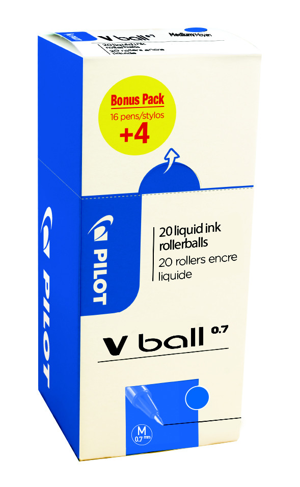 Pilot V Ball Stylo roller encre liquide à capuchon pointe moyenne 0,7 mm bleu (Pack Promo 16 + 4 OFFERTS)