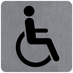 Plaquette normalisée de signalisation en alu brossé, toilettes pour handicapé 10 x 10 cm