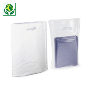 Plastic draagtas met gestanste handvatten en blokbodem 100% gerecycled Raja Plastic draagtas met gestanste handvatten en blokbodem 100% gerecycled Raja