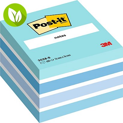 Post-it® 2028-B Notas Adhesivas Cubo 76 x 76 mm, Azul Acuarela Surtidos, 450 hojas - 1