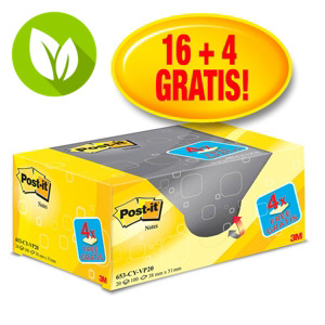 Post-it® 653Y-20 Canary Yellow™ Pack Ahorro 16 + 4 GRATIS, bloques de notas adhesivas 38 x 51 mm, amarillo canario, 100 hojas