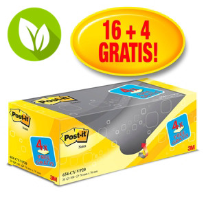 Post-it® 654CY-VP20 Pack Ahorro 16 + 4 GRATIS, bloques de notas adhesivas Canary Yellow™ , 76 x 76 mm, amarillo canario, 100 hojas
