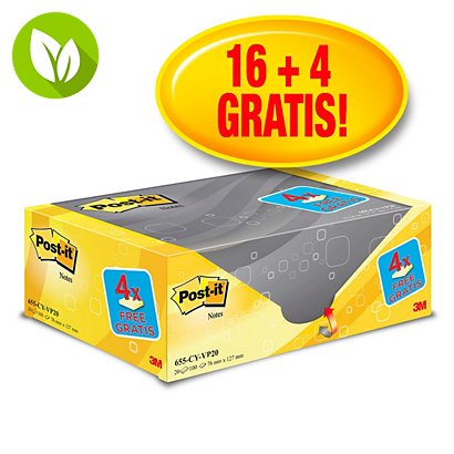 Post-it® 655-CY Canary Yellow™ Pack Ahorro 16 + 4 GRATIS, Notas Adhesivas Bloques 76 x 127 mm, amarillo canario, 100 hojas - 1