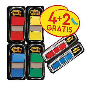 Post-it® 680-P6 Pack Ahorro de 4 dispensadores de 50 marcapáginas de 25,4 x 43,2 mm + 2 dispensadores de 24 marcapáginas flecha de 11,9 x 43,2 mm GRATIS colores surtidos