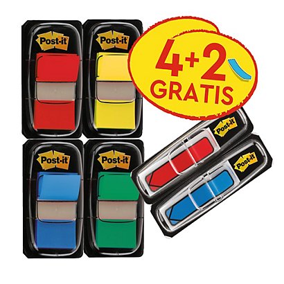 Post-it® 680-P6 Pack Ahorro de 4 dispensadores de 50 marcapáginas de 25,4 x 43,2 mm + 2 dispensadores de 24 marcapáginas flecha de 11,9 x 43,2 mm GRATIS colores surtidos - 1