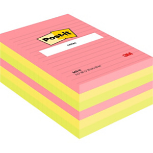 Post-it Bloc 100 Feuilles Notes Repositionnables Lignées Rectangle Assortis Néon, 102 x 152 mm Post-it Bloc 100 Feuilles Notes Repositionnables Lignées Rectangle Assortis Néon, 102 x 152 mm