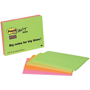 POST-IT Bloc 45 Feuilles Notes Repositionnables Super Sticky Meeting Notes Grand Rectangle Assortis Vifs, 200 x 149 mm, Lot de 4