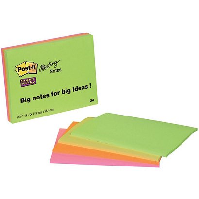POST-IT Bloc 45 Feuilles Notes Repositionnables Super Sticky Meeting Notes Grand Rectangle Assortis Vifs, 200 x 149 mm, Lot de 4 - 1