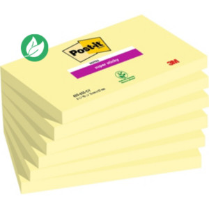 Post-it Bloc 90 Feuilles Notes Repositionnables Super Sticky Rectangle Canary Yellow, 76 x 127 mm, Lot de 6