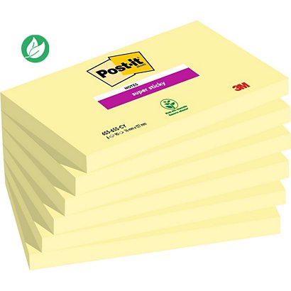 Post-it Bloc 90 Feuilles Notes Repositionnables Super Sticky Rectangle Canary Yellow, 76 x 127 mm, Lot de 6 - 1