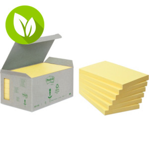 Post-it® Bloc de notas adhesivas recicladas 76 x 127 mm, amarillo, paquete de 6, 100 hojas