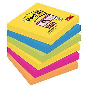 Post-it® Bloc de notas adhesivas Super Sticky 76 x 76 mm en colores surtidos intensos y neón, 90 hojas