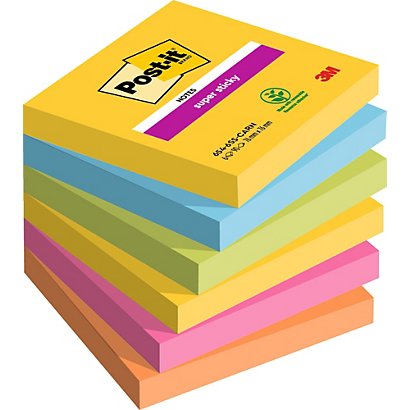 Post-it® Bloc de notas adhesivas Super Sticky 76 x 76 mm en colores surtidos intensos y neón, 90 hojas - 1