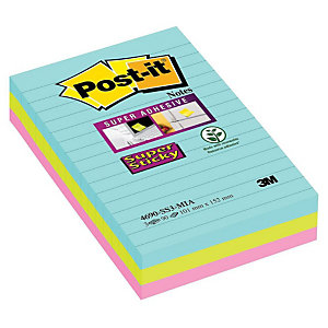 Post-it Bloc de notes Super Sticky lignées 101 x 152 mm collection multicolore Miami - lot de 3 blocs de 90 feuilles