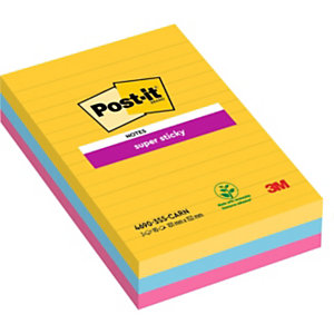 Post-it Bloc de notes Super Sticky lignées, 101 x 152 mm, couleurs ultra assorties, lot de 3, 90 feuilles