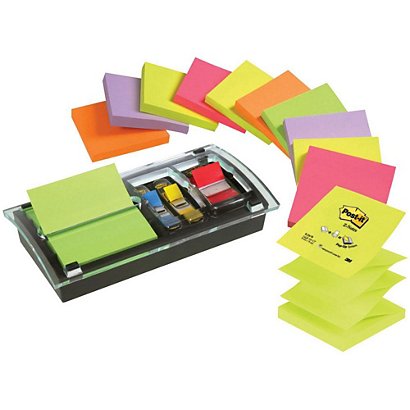 POST-IT Distributeur noir Millenium Combi Desk avec Z-Notes 76 x 76 mm Rainbow Néon 12 x 100 feuilles et marque-pages de taille moyenne rouge DS100-VP