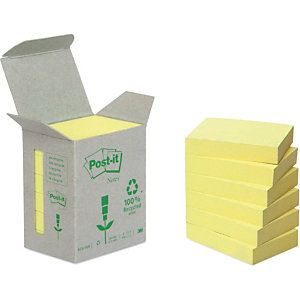Post-it® Foglietti riposizionabili in carta riciclata, 38 x 51 mm, Blocchetti da 100 foglietti, Giallo Pastello (confezione 6 pezzi)