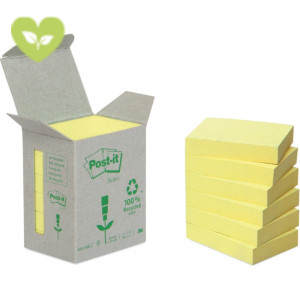 Post-it® Foglietti riposizionabili in carta riciclata al 100%, 38 x 51 mm, Blocchetti da 100 fogli, Giallo Canary™ (confezione 6 blocchetti)