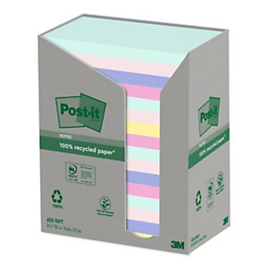 Post-it® Foglietti riposizionabili in carta riciclata al 100%, 76 x 127 mm, Blocchetti da 100 foglietti, Colori Pastello assortiti (confezione 16 pezzi)