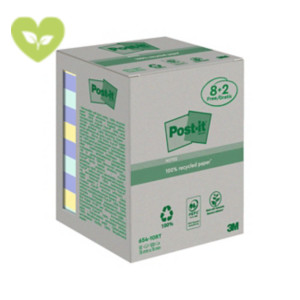 Post-it® Foglietti riposizionabili in carta riciclata al 100%, Value Pack, 76 x 76 mm, Blocchetti da 100 fogli, Colori assortiti (confezione 8 blocchetti + 2 in omaggio)