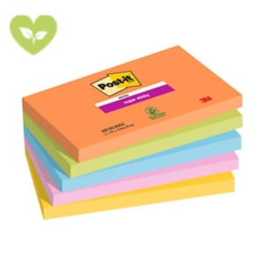 Post-it® Foglietti Super Sticky, Collezione Boost, 76 x 127 mm, Blocchetti da 90 fogli, Colori arancio acceso, verde lime, blu paradiso, rosa tropicale, giallo sole (confezione 5 blocchetti)