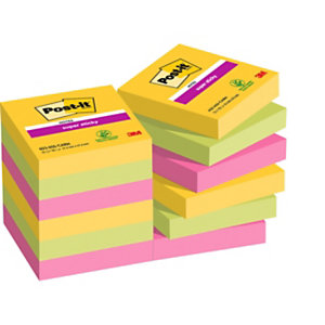 Post-it® Foglietti Super Sticky, Collezione Carnival, 47,6 x 47,6 mm, Blocchetti da 90 fogli, Colori giallo sole, verde lime, rosa power (confezione 12 blocchetti)