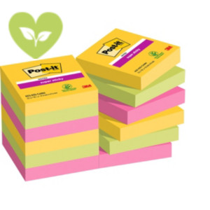 Post-it® Foglietti Super Sticky, Collezione Carnival, 47,6 x 47,6 mm, Blocchetti da 90 fogli, Colori giallo sole, verde lime, rosa power (confezione 12 blocchetti)