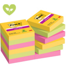 Post-it® Foglietti Super Sticky, Collezione Carnival, 47,6 x 47,6 mm, Blocchetti da 90 fogli, Colori giallo sole, verde lime, rosa power (confezione 12 blocchetti)