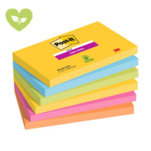 Post-it® Foglietti Super Sticky, Collezione Carnival, 76 x 127 mm, Blocchetti da 90 fogli, Colori giallo sole, blu paradiso, verde lime, rosa power, arancio acceso (confezione 6 blocchetti)