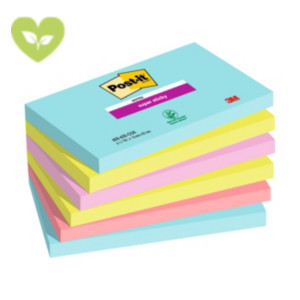 Post-it® Foglietti Super Sticky, Collezione Cosmic, 76 x 127 mm, Blocchetti da 90 fogli, Colori acqua, verde acido, rosa tropicale, rosa guava (confezione 6 blocchetti)