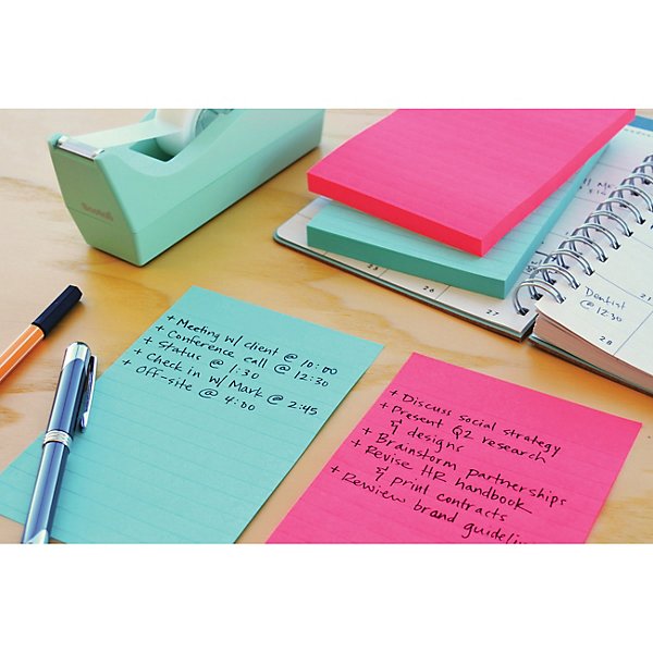 Post-it® Foglietti Super Sticky, Collezione Cosmic, A righe, 101 x 152 mm, Blocchetti da 90 fogli, Colori acqua, verde acido, rosa tropicale (confezione 3 blocchetti) - 2