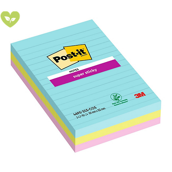 Post-it® Foglietti Super Sticky, Collezione Cosmic, A righe, 101 x 152 mm, Blocchetti da 90 fogli, Colori acqua, verde acido, rosa tropicale (confezione 3 blocchetti) - 1
