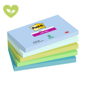 Post-it® Foglietti Super Sticky, Collezione Oasis, 76 x 127 mm, Blocchetti da 90 fogli, Colori blu jeans, verde menta, verde lime, verde trifoglio, verde cristallo di mare (confezione 5 blocchetti)