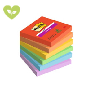 Post-it® Foglietti Super Sticky, Collezione Playful, 76 x 76 mm, Blocchetti da 90 fogli, Colori rosso candy, arancio acceso, giallo sole, verde trifoglio, blu paradiso, violetto (confezione 6 blocchetti)