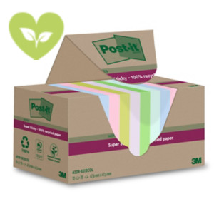 Post-it® Foglietti Super Sticky in carta riciclata al 100%, 47,6 x 47,6 mm, Blocchetti da 70 fogli, Colori assortiti (confezione 12 blocchetti)
