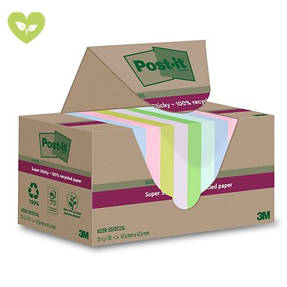 Post-it® Foglietti Super Sticky in carta riciclata al 100%, 47,6 x 47,6 mm, Blocchetti da 70 fogli, Colori assortiti (confezione 12 blocchetti) - 1