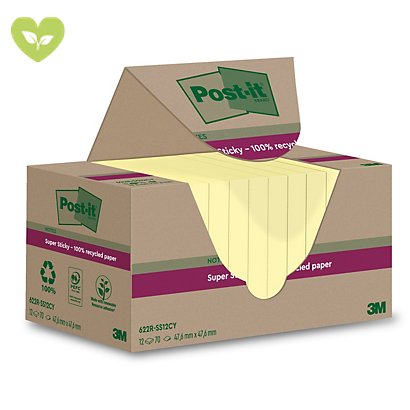 Post-it® Foglietti Super Sticky in carta riciclata al 100%, 47,6 x 47,6 mm, Blocchetti da 70 fogli, Giallo Canary™ (confezione 12 blocchetti) - 1